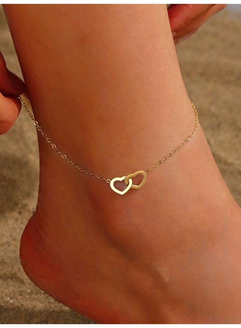 Julia Store 18K Gold Plated Stainless Steel Dainty Boho Beach Adjustable Love Interlock Heart Link Waterproof No Tarnish Hypoallergenic Anklets for Women - Image 2