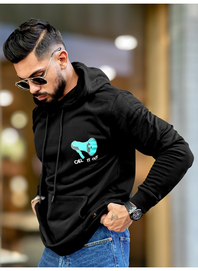 Maniac Mens Printed Hooded Neck Full Sleeve Black & White Fleece Fleece Oversized Sweatshirt  - Image 2