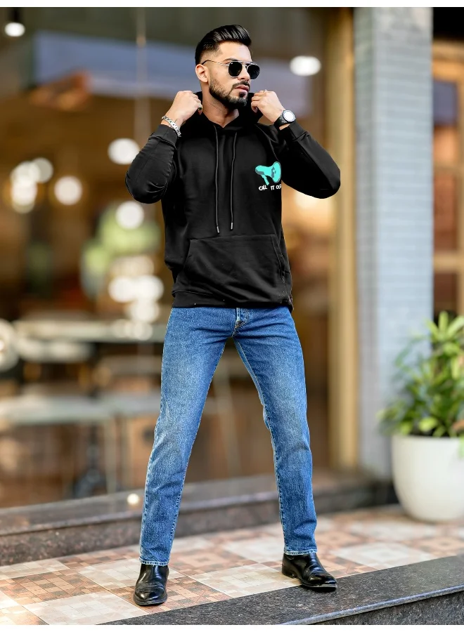 Maniac Mens Printed Hooded Neck Full Sleeve Black & White Fleece Fleece Oversized Sweatshirt