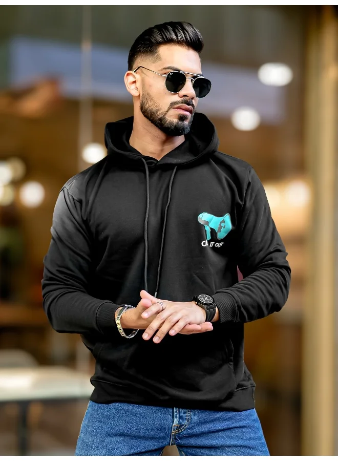 Maniac Mens Printed Hooded Neck Full Sleeve Black & White Fleece Fleece Oversized Sweatshirt