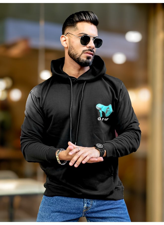 Maniac Mens Printed Hooded Neck Full Sleeve Black & White Fleece Fleece Oversized Sweatshirt  - Image 5