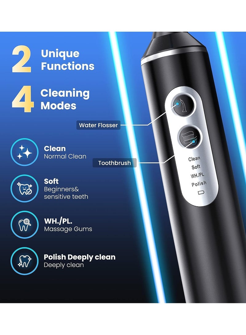 Water Dental Flosser with Electric Toothbrush, One Switch Between Tooth Brush and Water Floss, 3 in 1 Teeth Cleaning Kit with 4 Modes, Water Flosser Portable for Travel and Home (Black) - Image 2
