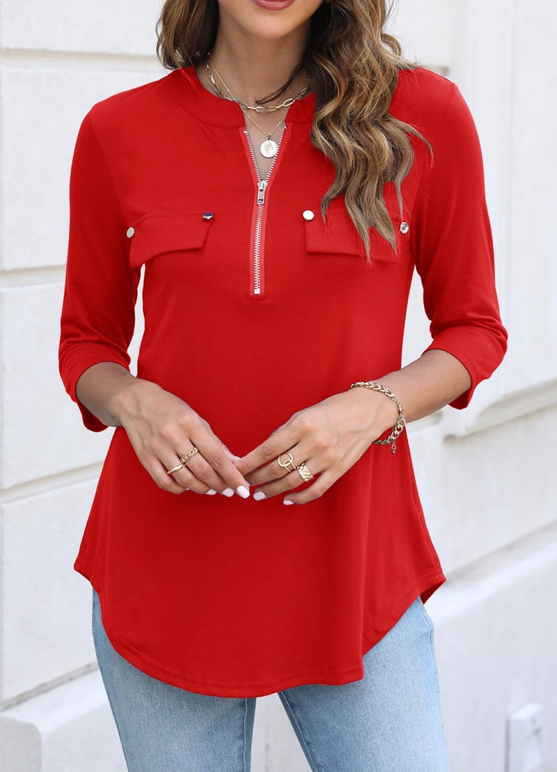 Halife Womens Tops 3/4 Sleeve Tunic Length Shirts Ladies Blouses and Tops Dressy Summer Clothes Red L - Image 3