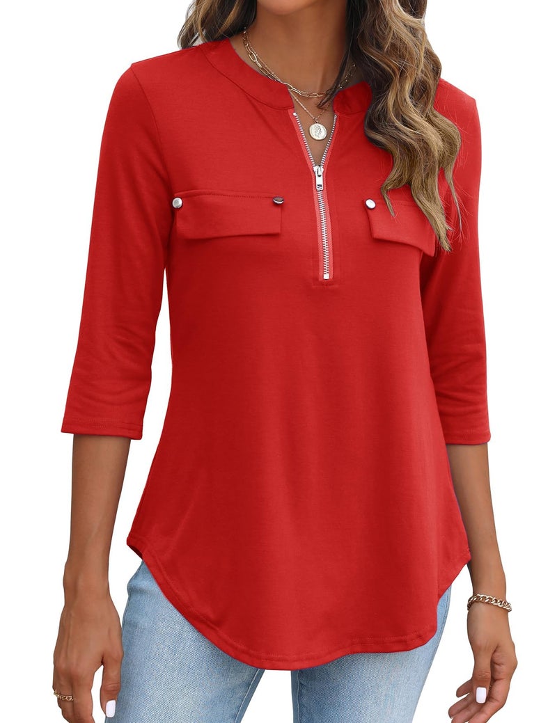 Halife Womens Tops 3/4 Sleeve Tunic Length Shirts Ladies Blouses and Tops Dressy Summer Clothes Red L - Image 1