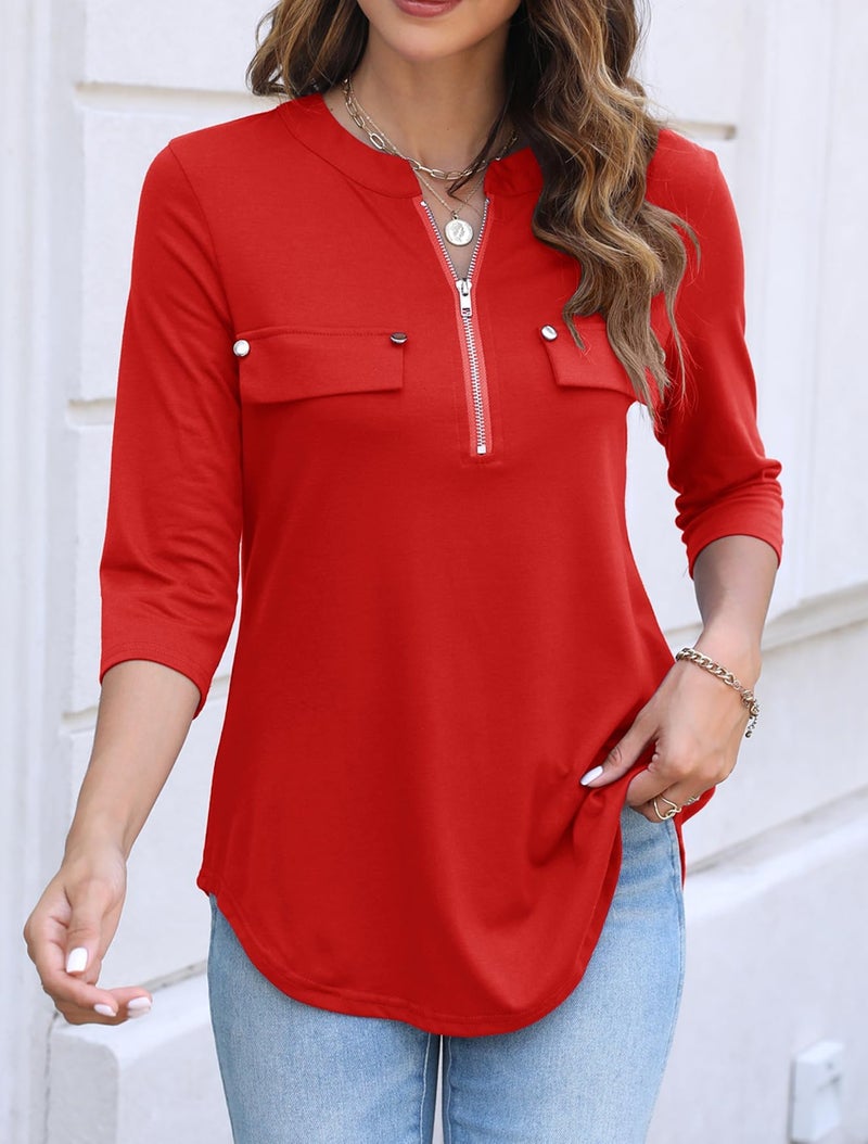 Halife Womens Tops 3/4 Sleeve Tunic Length Shirts Ladies Blouses and Tops Dressy Summer Clothes Red L - Image 2