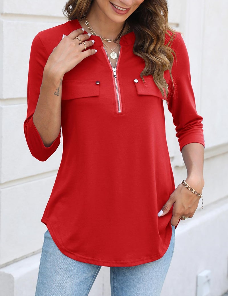 Halife Womens Tops 3/4 Sleeve Tunic Length Shirts Ladies Blouses and Tops Dressy Summer Clothes Red L - Image 4