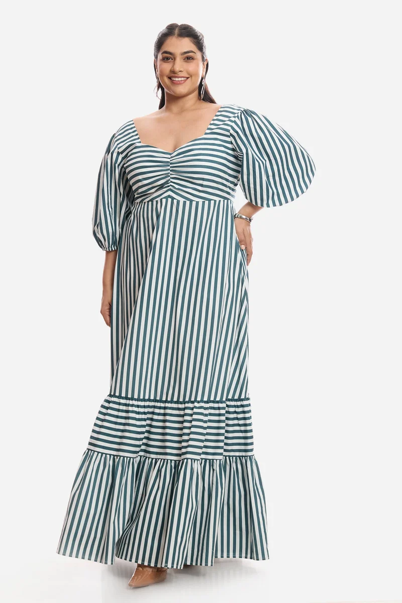 فيرجيو Stripes Cotton Midi Plus Size Dress With Puff Sleeves for Women