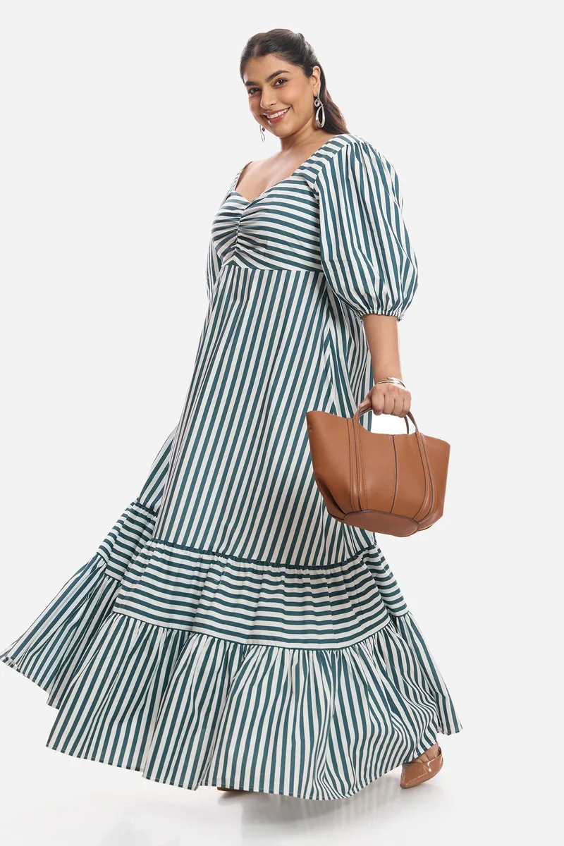 فيرجيو Stripes Cotton Midi Plus Size Dress With Puff Sleeves for Women