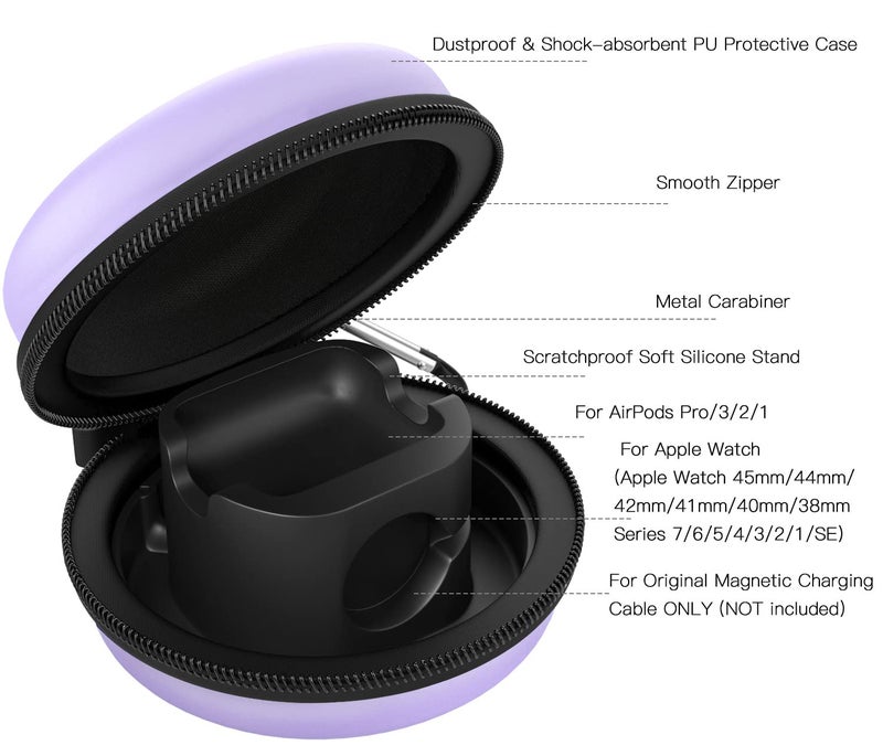MoKo Travel Case Compatible with Apple Watch Series 11/10/9/8/7/6/5/4/3/2/1/SE3/SE2/SE,Portable Protective Storage Bag Fit iWatch Stand and Airpods 2 & 1 Charging Case Station Dock,Taro Purple - Image 4
