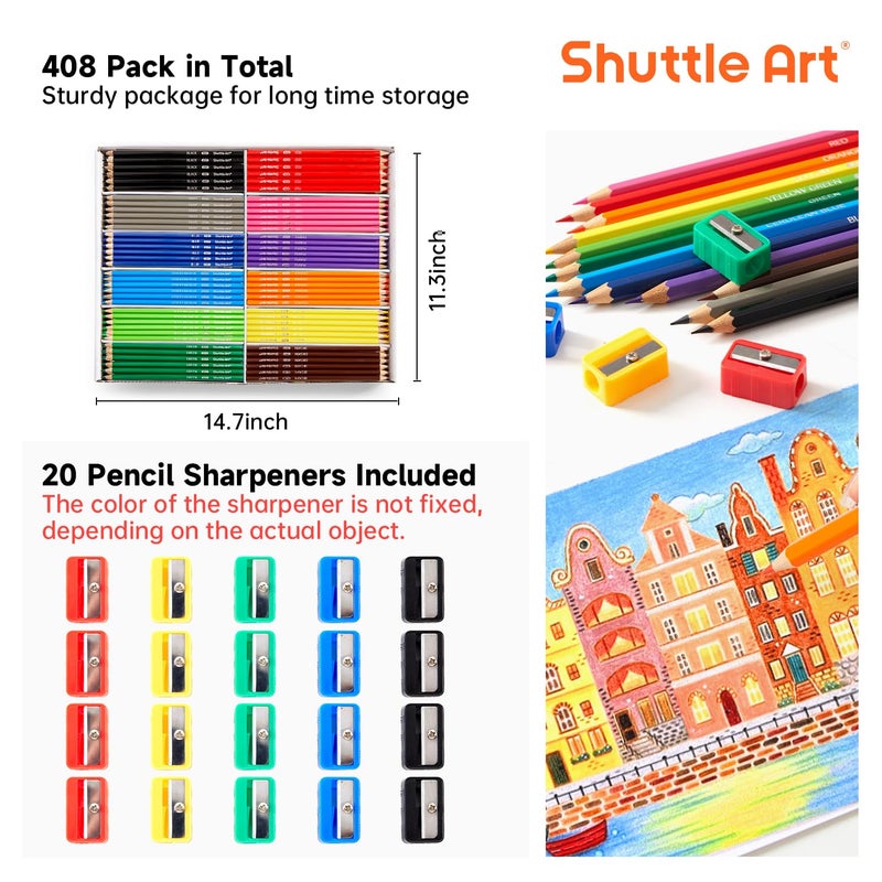 Shuttle Art Colored Pencils Bulk, 408 Pack Coloring Pencil Set Plus 20 Sharpeners, 12 Assorted Colors, Classroom Pack School Supplies - Image 3