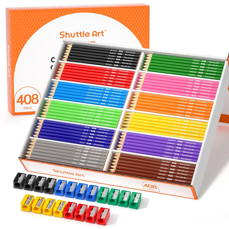 Shuttle Art Colored Pencils Bulk, 408 Pack Coloring Pencil Set Plus 20 Sharpeners, 12 Assorted Colors, Classroom Pack School Supplies - Image 1