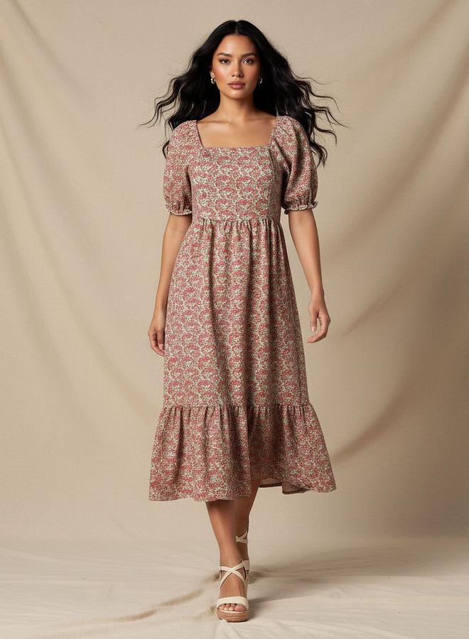 Splash FAV Floral Print Midi Dress with Square Neck - Image 1