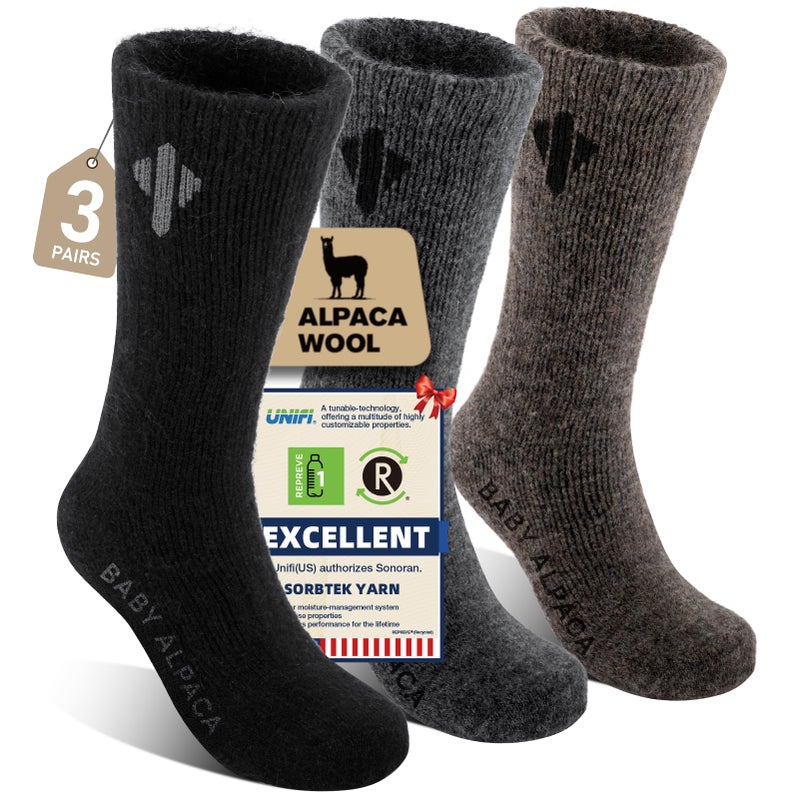 Heat equation Alpaca Socks for Men and Women, Heavyweight Thermal Thick Warm Alpaca Wool Boot Sock for Hunting, Hiking, Moisture Wicking L Black&Dark Gray&Walnut Brown - Image 1