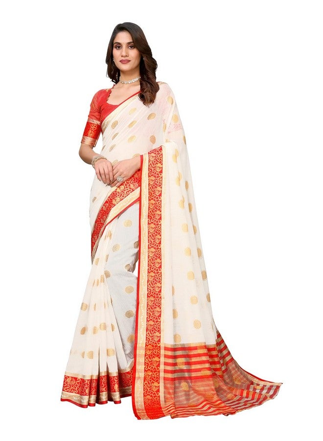 YASHIKA Yashika Women's Woven Latest Banarasi Kanjivaram Cotton Silk Saree with Unstitched Blouse Material-Suitable for Durga Puja and Festival (AZ-YS-P1-DURGA KERI_White) - Image 1