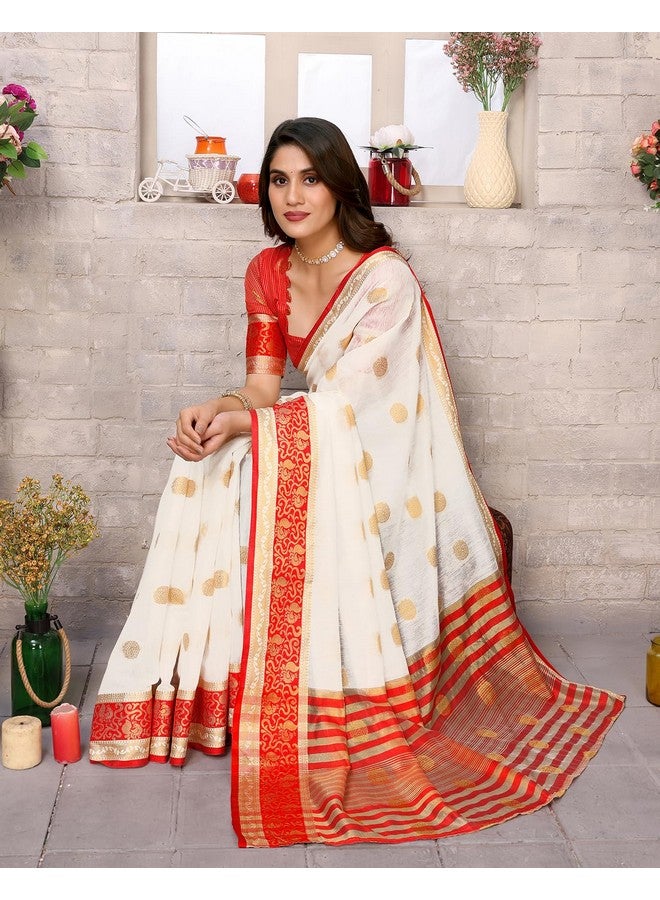 YASHIKA Yashika Women's Woven Latest Banarasi Kanjivaram Cotton Silk Saree with Unstitched Blouse Material-Suitable for Durga Puja and Festival (AZ-YS-P1-DURGA KERI_White) - Image 4