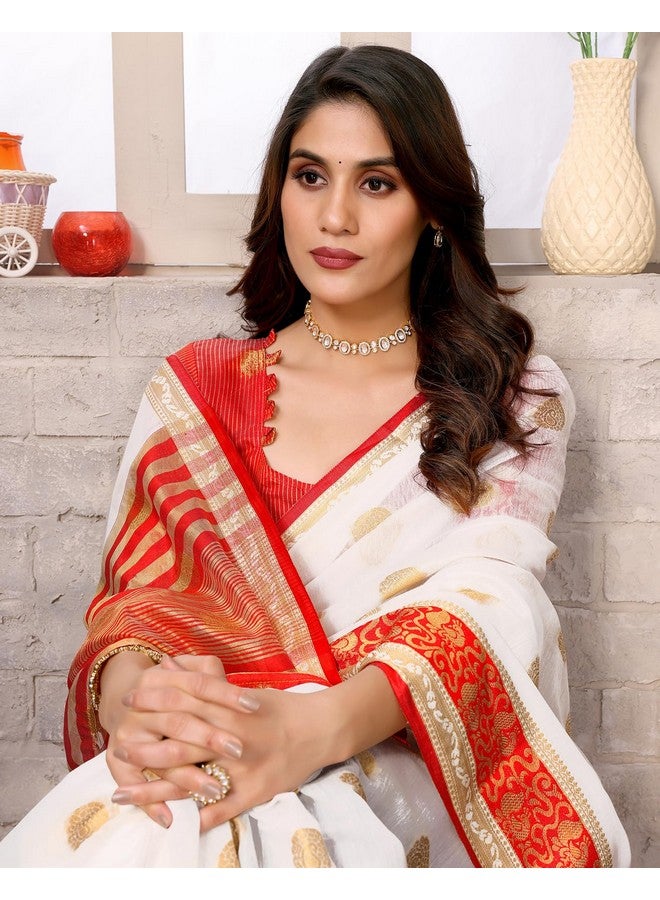 YASHIKA Yashika Women's Woven Latest Banarasi Kanjivaram Cotton Silk Saree with Unstitched Blouse Material-Suitable for Durga Puja and Festival (AZ-YS-P1-DURGA KERI_White) - Image 5