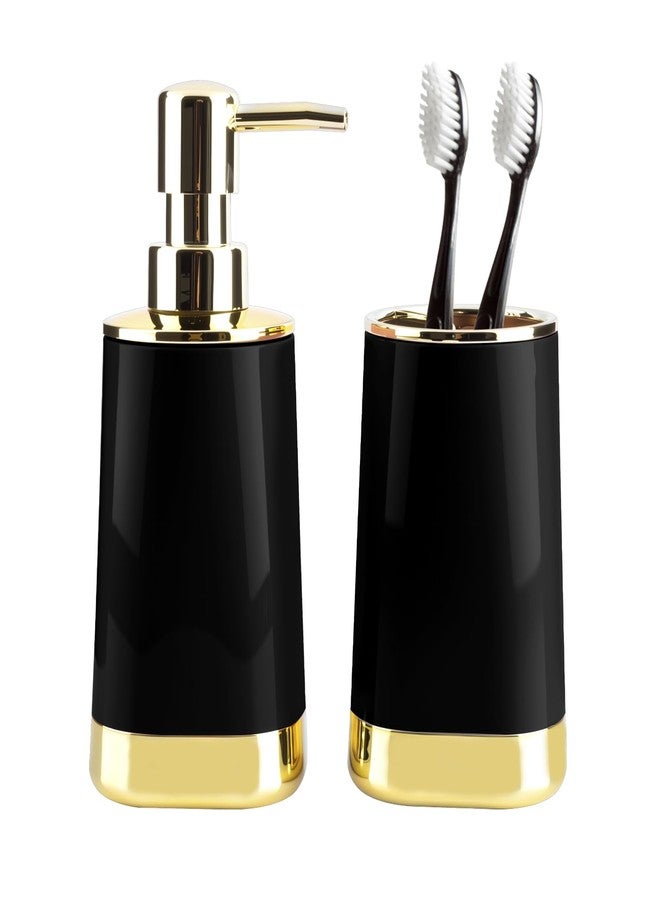 RRM Bathroom Accessories Set, 2Piece Black and Gold Bathroom Accessories Include Soap Dispenser and Toothbrush Holder for Modern Bathroom Decor - Image 1