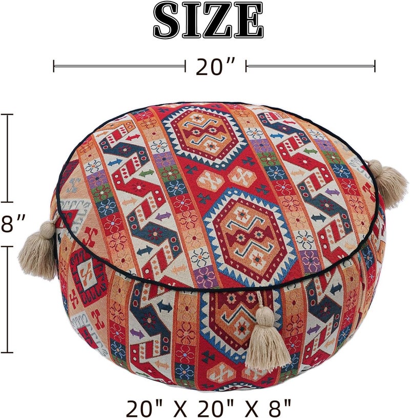 Artbloss Boho Unstuffed Pouf Cover Ottoman Footrest Indian Mexcian Foot Stool Floor Bean Bag Floor Chair Storage for Living Room Bedroom Decor (Boho Red, Round) - Image 2