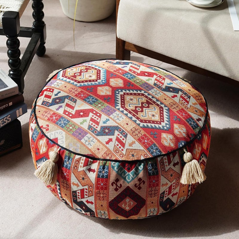 Artbloss Boho Unstuffed Pouf Cover Ottoman Footrest Indian Mexcian Foot Stool Floor Bean Bag Floor Chair Storage for Living Room Bedroom Decor (Boho Red, Round) - Image 1