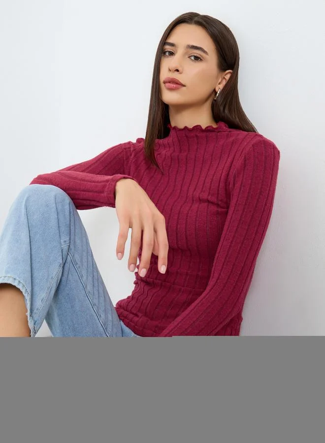 Take Two High Neck Long Sleeve Ribbed Knit Top