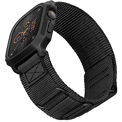 SUNFWR Bands Compatible with Apple Watch 46mm Series 11/10 with Case,Rugged Nylon Sport Apple Watch Strap with Protective Cover for iwatch for Men (Black-BlackTags) - Image 1