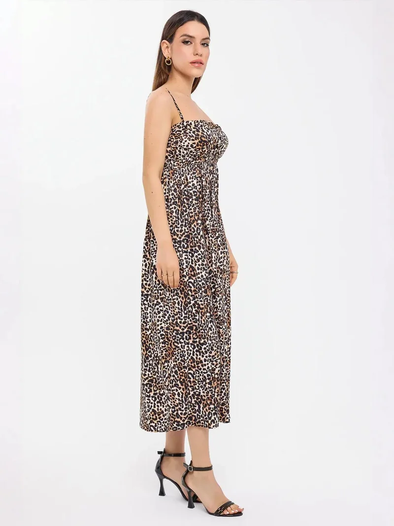 HICCUP Animal Print Spaghetti Strap Midi Dress