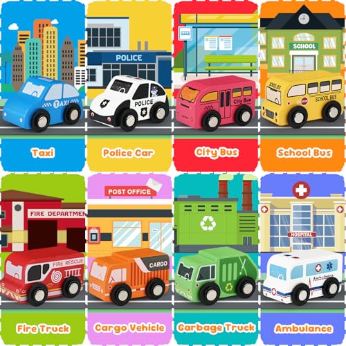 Vinkp Toddler Car Toys Toy Cars for Toddlers Wooden Cars Toys for Toddler Boy 22 PCS Cars and Trucks Toy Vehicles Set with Playmat Storage Box Wood Montessori Toys for Baby Birthday Gift - Image 5