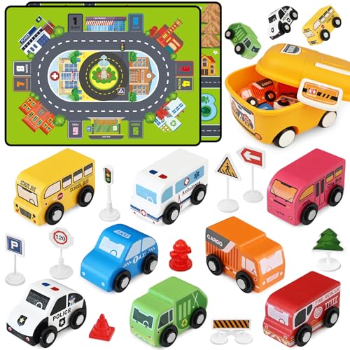 Vinkp Toddler Car Toys Toy Cars for Toddlers Wooden Cars Toys for Toddler Boy 22 PCS Cars and Trucks Toy Vehicles Set with Playmat Storage Box Wood Montessori Toys for Baby Birthday Gift - Image 1