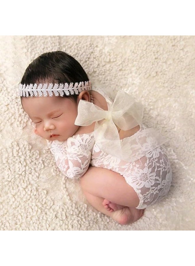 Newborn Photography Outfits, Cute Baby Lace Ribbon Rompers with Headband for Infant Photography Props (White) - Image 1