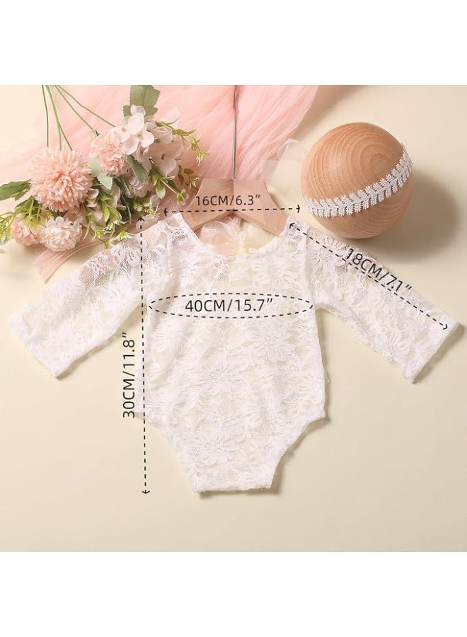 Newborn Photography Outfits, Cute Baby Lace Ribbon Rompers with Headband for Infant Photography Props (White) - Image 2