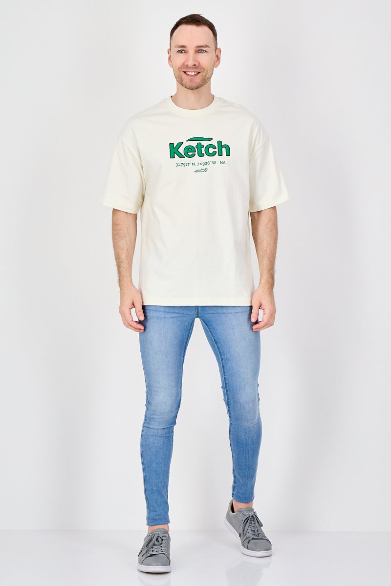 Ketch Men Crew Neck Short Sleeve Brand Logo T-Shirt, Off White - Image 4
