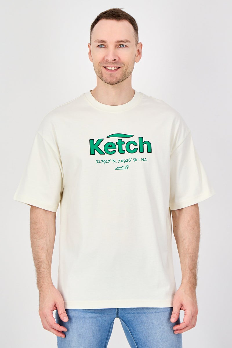Ketch Men Crew Neck Short Sleeve Brand Logo T-Shirt, Off White - Image 1