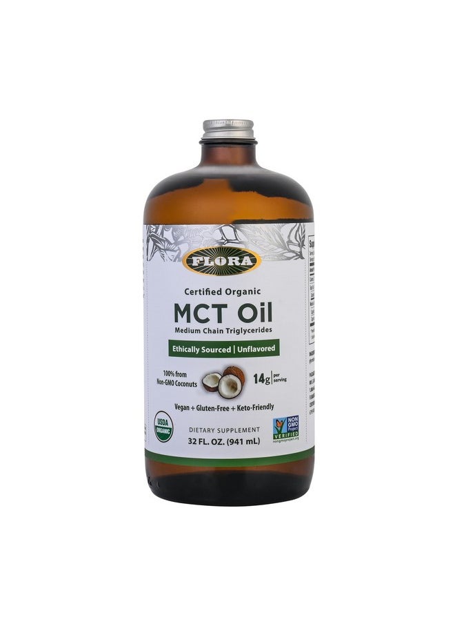 فلورا زيت MCT من Flora Health - مكمل عضوي - تعزيز طاقة الدماغ - أحماض C8 وC10 - كيتو، كوشير، غير معدل وراثيًا - جوز الهند 100% من مصادر أخلاقية - سائل، زجاجة زجاجية - 32 أونصة سائلة  - Image 1