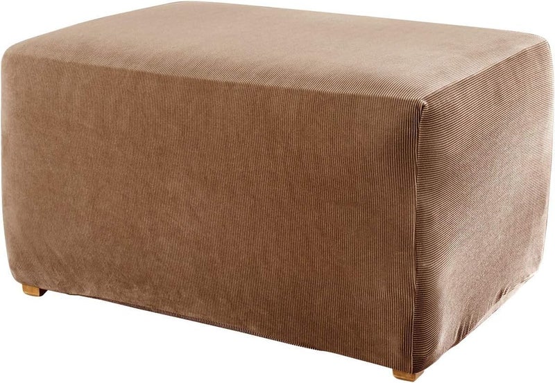Surefit Home Décor Stretch Stripe Box Cushion Ottoman One Piece Slipcover, Stretch Form Fit, Polyester/Spandex, Machine Washable, Brown Color (SF37760) - Image 1