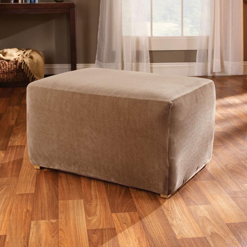 Surefit Home Décor Stretch Stripe Box Cushion Ottoman One Piece Slipcover, Stretch Form Fit, Polyester/Spandex, Machine Washable, Brown Color (SF37760) - Image 2