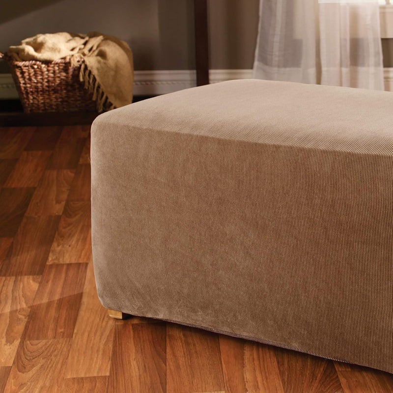 Surefit Home Décor Stretch Stripe Box Cushion Ottoman One Piece Slipcover, Stretch Form Fit, Polyester/Spandex, Machine Washable, Brown Color (SF37760) - Image 3