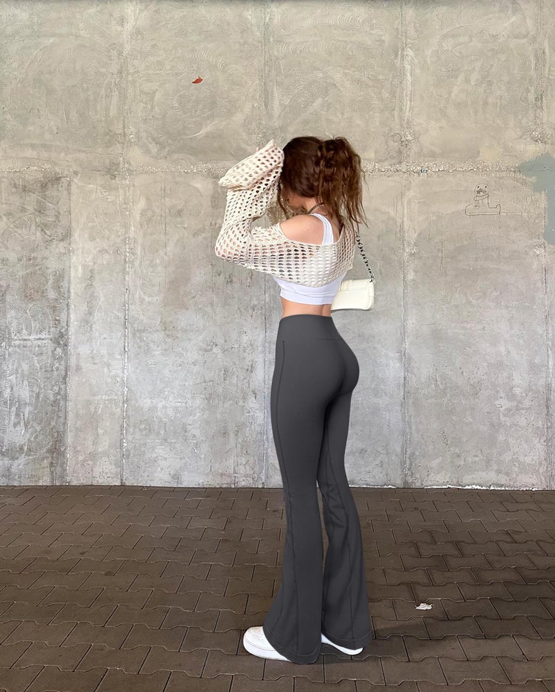 OQQ Women's Flared Pants High Waisted Yoga Leggings Stretchy Bell Buttom Wide Leg Darkgrey - Image 5