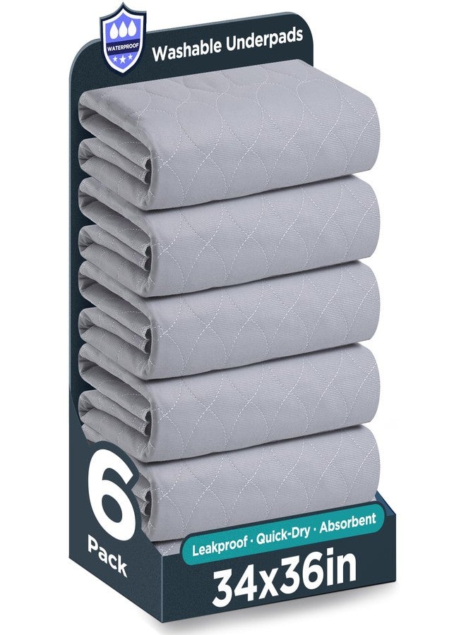 Brosive Washable Bed Pads 34" x 36" - 6 Pack, Grey, Waterproof Bed Pads for Incontinence, Bed Wetting Pads for Bed, Sofa, Floor, Resuable Underpads for Adults, Seniors, Pet - Image 1