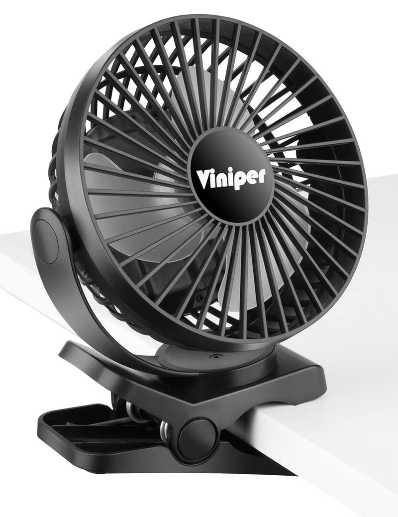 Viniper 6 inch Rechargeable Clip on Fan 5000mah Battery Desk Fan  360 Rotation  3 Speeds Strong Wind Portable Fan 830 Working Hours Quiet and Powerful Black
