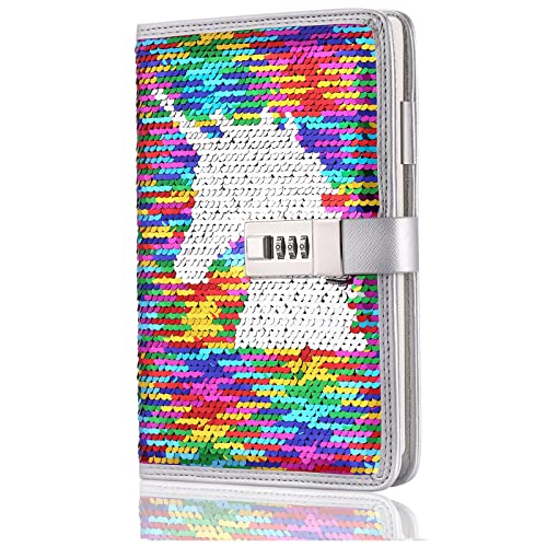 VIPbuy A5 Refillable Diary with Combination Lock,Reversible Sequin Personal Locking Journal Writing Notebook with Card Slots (unicorn) - Image 1