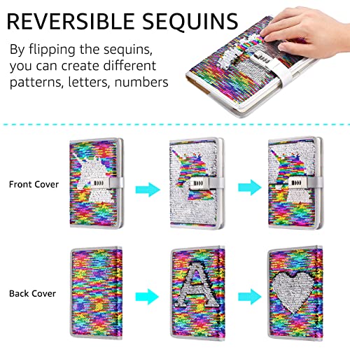 VIPbuy A5 Refillable Diary with Combination Lock,Reversible Sequin Personal Locking Journal Writing Notebook with Card Slots (unicorn) - Image 2