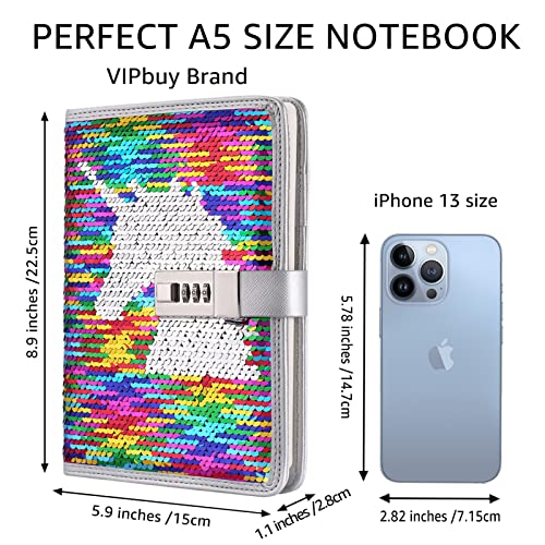 VIPbuy A5 Refillable Diary with Combination Lock,Reversible Sequin Personal Locking Journal Writing Notebook with Card Slots (unicorn) - Image 3