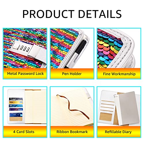 VIPbuy A5 Refillable Diary with Combination Lock,Reversible Sequin Personal Locking Journal Writing Notebook with Card Slots (unicorn) - Image 4