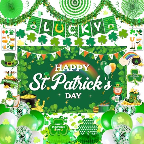 FINDRICH 40Pcs St Patricks Day Decorations Happy St Patricks Day Decorations Kit Includes Shamrock Backdrop Banner Paper Fan Balloon Hanging Swirls for Irish St Patricks Day Party Decor - Image 1