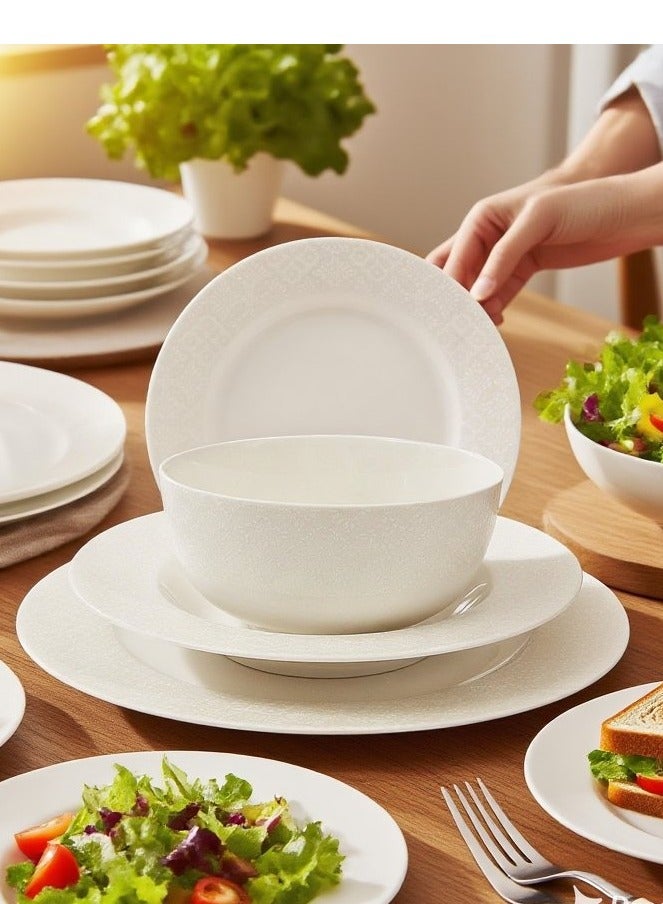 تراست طقم عشاء من البورسلين مكوّن من 16 قطعة باللون الأبيض؛ 4 قطع أطباق عشاء مقاس 27 سم، 4 قطع أطباق شوربة مقاس 22 سم، 4 قطع أطباق جانبية مقاس 20.5 سم، 4 قطع سلطانية مقاس 14 سم. - Image 1