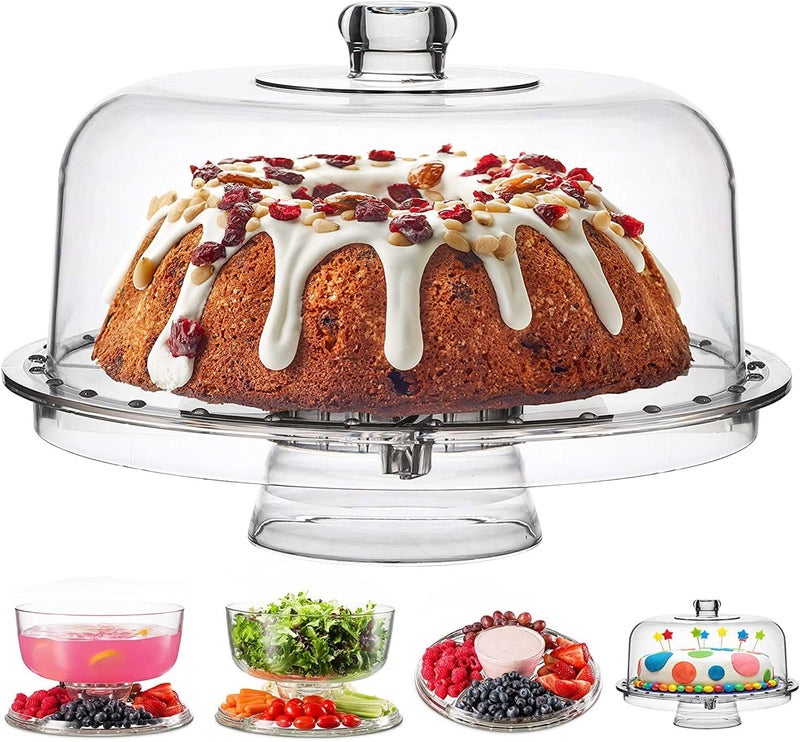 azzeell Acrylic Cake Stand with Dome Cover and Cake Plate (12'') 6 in 1 Multi-Functional Serving Platter and Cake Plate - Use as Cake Holder, Salad Bowl, Platter, Punch Bowl, Desert Platter, Nachos & Sals - Image 1