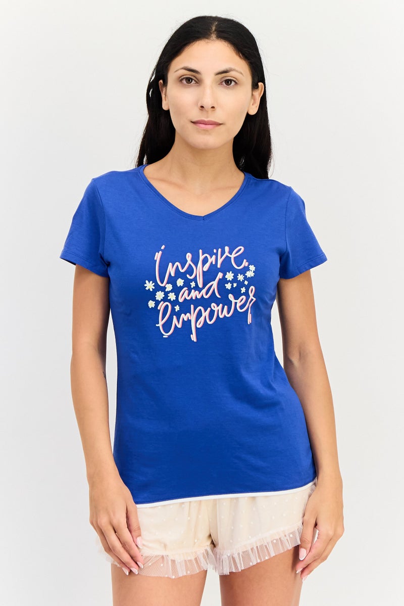 Zivame x Rosaline Women V Neck Graphic Print Short Sleeve Sleepwear, Blue - Image 1
