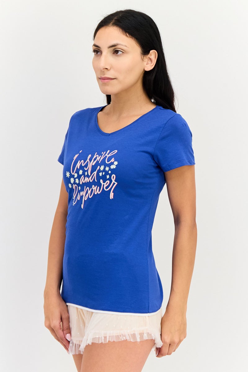 Zivame x Rosaline Women V Neck Graphic Print Short Sleeve Sleepwear, Blue - Image 4