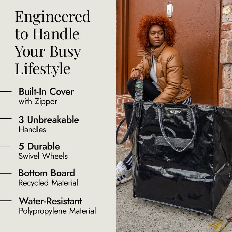 HULKEN - Large, Black - Reusable Grocery Bag On Wheels, Shopping Trolley, Rolling Tote, Zipper Closure, Lightweight, Carries Up to 66 lb & Fits 5 Grocery Bags, Folds Flat, Unbreakable Handles - Image 5