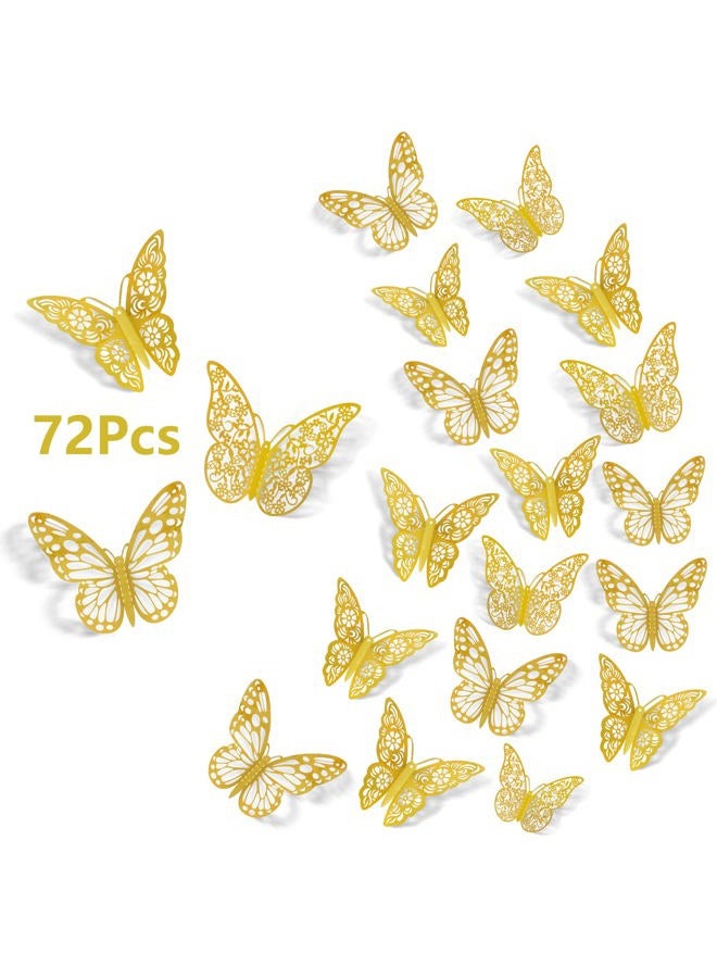 SAOROPEB 3D Butterfly Wall Stickers, 72Pcs 3 Sizes 3 Styles, Removable Metallic Wall Decals Fridge Sticker Room Mural Decoration for Kids Bedroom Nursery Classroom Party Wedding Decor DIY Gift (Gold) - Image 1